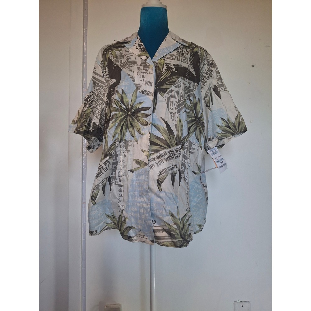 Bianca Rajana Tropical Newspaper Print Cotton Button Up Shirt Blue Green Sz 18